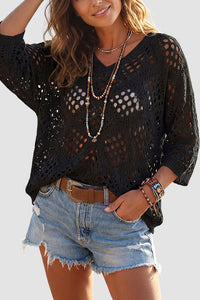 Willluxe® V-Neck Crochet Knit Sweater Hollow Out Batwing Sleeve Cover Up