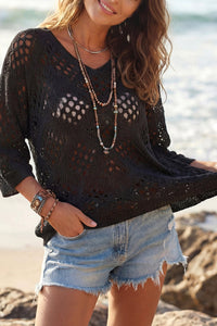 Willluxe® V-Neck Crochet Knit Sweater Hollow Out Batwing Sleeve Cover Up