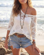 Willluxe® V-Neck Crochet Knit Sweater Hollow Out Batwing Sleeve Cover Up