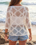 Willluxe® V-Neck Crochet Knit Sweater Hollow Out Batwing Sleeve Cover Up