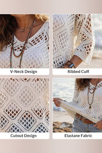Willluxe® V-Neck Crochet Knit Sweater Hollow Out Batwing Sleeve Cover Up