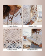 Willluxe® V-Neck Crochet Knit Sweater Hollow Out Batwing Sleeve Cover Up