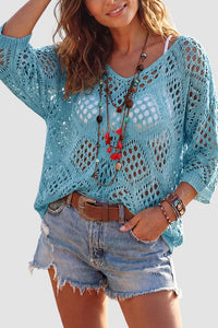 Willluxe® V-Neck Crochet Knit Sweater Hollow Out Batwing Sleeve Cover Up