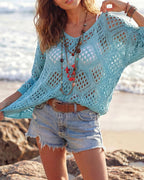 Willluxe® V-Neck Crochet Knit Sweater Hollow Out Batwing Sleeve Cover Up