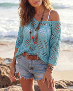 Willluxe® V-Neck Crochet Knit Sweater Hollow Out Batwing Sleeve Cover Up