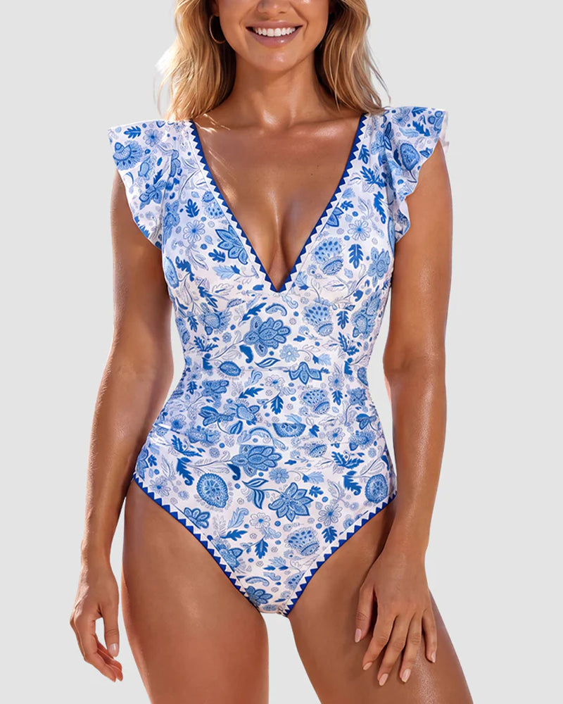 Willluxe® Deep V-Neck Ruffle Sleeve One-Piece Swimsuit
