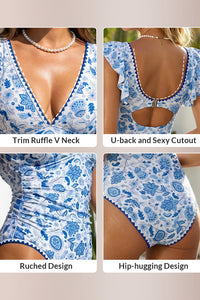 Willluxe® Deep V-Neck Ruffle Sleeve One-Piece Swimsuit