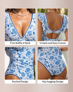 Willluxe® Deep V-Neck Ruffle Sleeve One-Piece Swimsuit