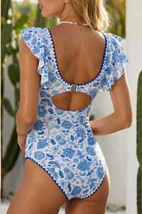 Willluxe® Deep V-Neck Ruffle Sleeve One-Piece Swimsuit