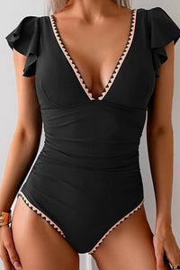 Willluxe® Deep V-Neck Ruffle Sleeve One-Piece Swimsuit