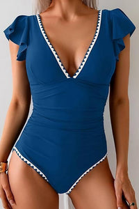 Willluxe® Deep V-Neck Ruffle Sleeve One-Piece Swimsuit