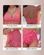 Willluxe® Retro Gingham 3-Piece Bikini Set With Ruched Skirt