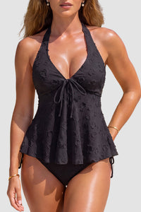 Willluxe® Textured Lace Halter Peplum Tankini Set