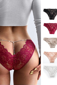 Willluxe® Low-Rise Rhinestone Chain Sheer Floral Lace Thong Panties