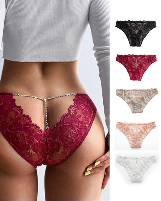 WILLLUXE® Low-Rise Rhinestone Chain Sheer Floral Lace Thong Panties