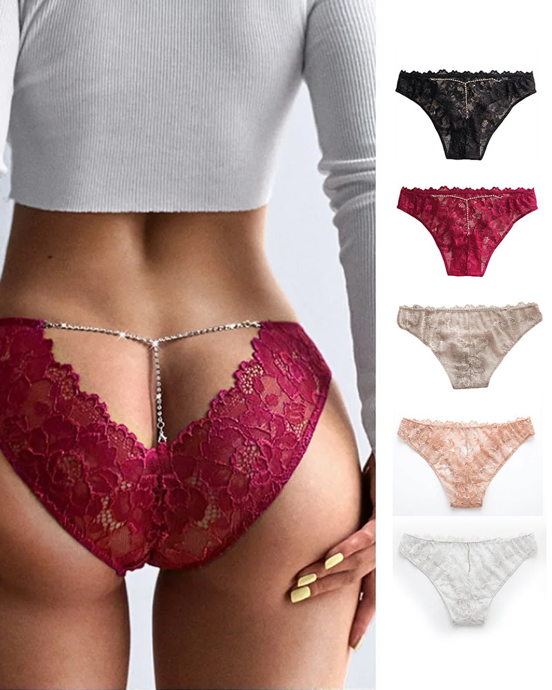 Willluxe® Low-Rise Rhinestone Chain Sheer Floral Lace Thong Panties