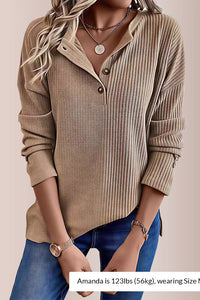 Willluxe® Solid Rib-Knit Half Button Long Sleeve T-Shirt