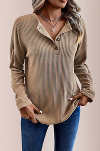 Willluxe® Solid Rib-Knit Half Button Long Sleeve T-Shirt