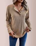 Willluxe® Solid Rib-Knit Half Button Long Sleeve T-Shirt