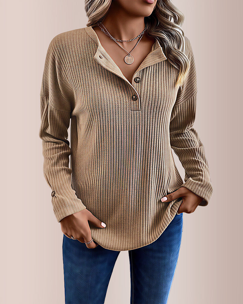 Willluxe® Solid Rib-Knit Half Button Long Sleeve T-Shirt