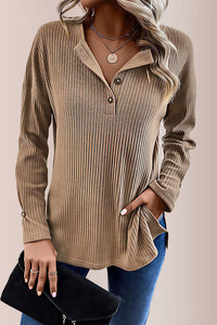 Willluxe® Solid Rib-Knit Half Button Long Sleeve T-Shirt