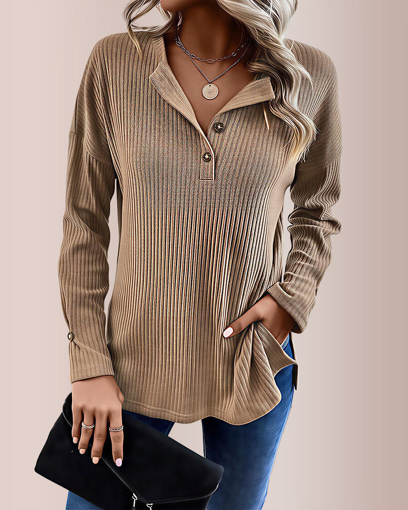 Willluxe® Solid Rib-Knit Half Button Long Sleeve T-Shirt