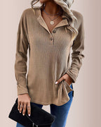 Willluxe® Solid Rib-Knit Half Button Long Sleeve T-Shirt