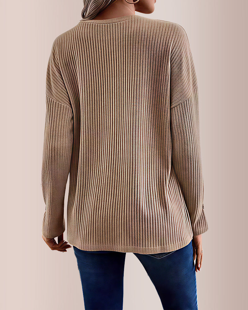 Willluxe® Solid Rib-Knit Half Button Long Sleeve T-Shirt