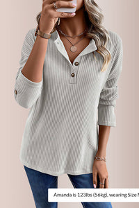 Willluxe® Solid Rib-Knit Half Button Long Sleeve T-Shirt