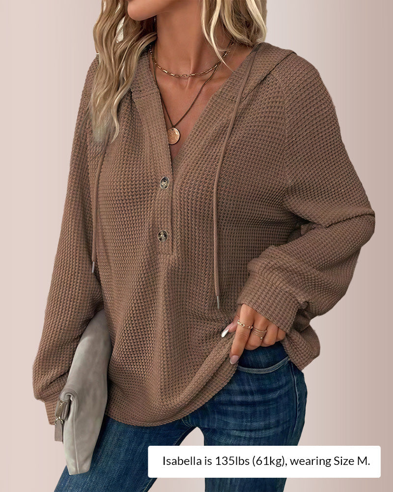 Willluxe® Waffle Knit Half-Button Hooded Top