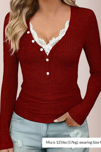 Willluxe® Contrast Lace Rib-Knit Button Up Long Sleeve T-Shirt