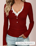 Willluxe® Contrast Lace Rib-Knit Button Up Long Sleeve T-Shirt