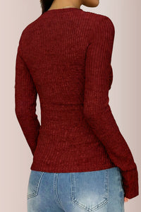 Willluxe® Contrast Lace Rib-Knit Button Up Long Sleeve T-Shirt