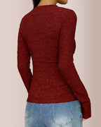 Willluxe® Contrast Lace Rib-Knit Button Up Long Sleeve T-Shirt