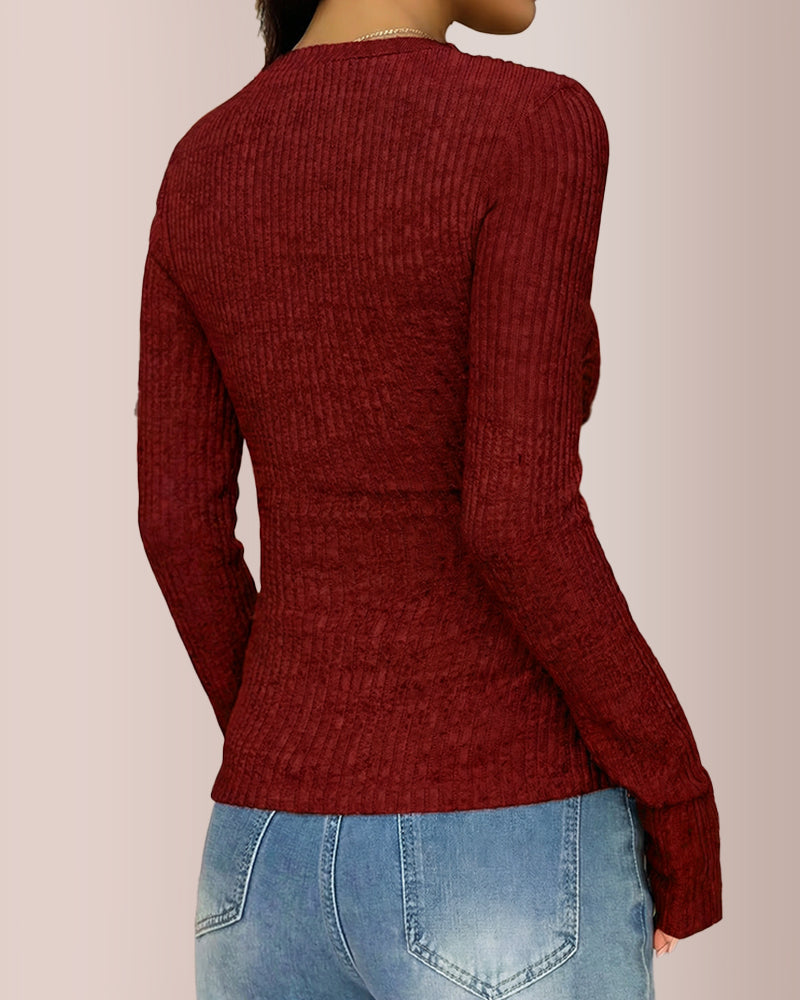 Willluxe® Contrast Lace Rib-Knit Button Up Long Sleeve T-Shirt