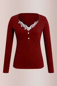 Willluxe® Contrast Lace Rib-Knit Button Up Long Sleeve T-Shirt