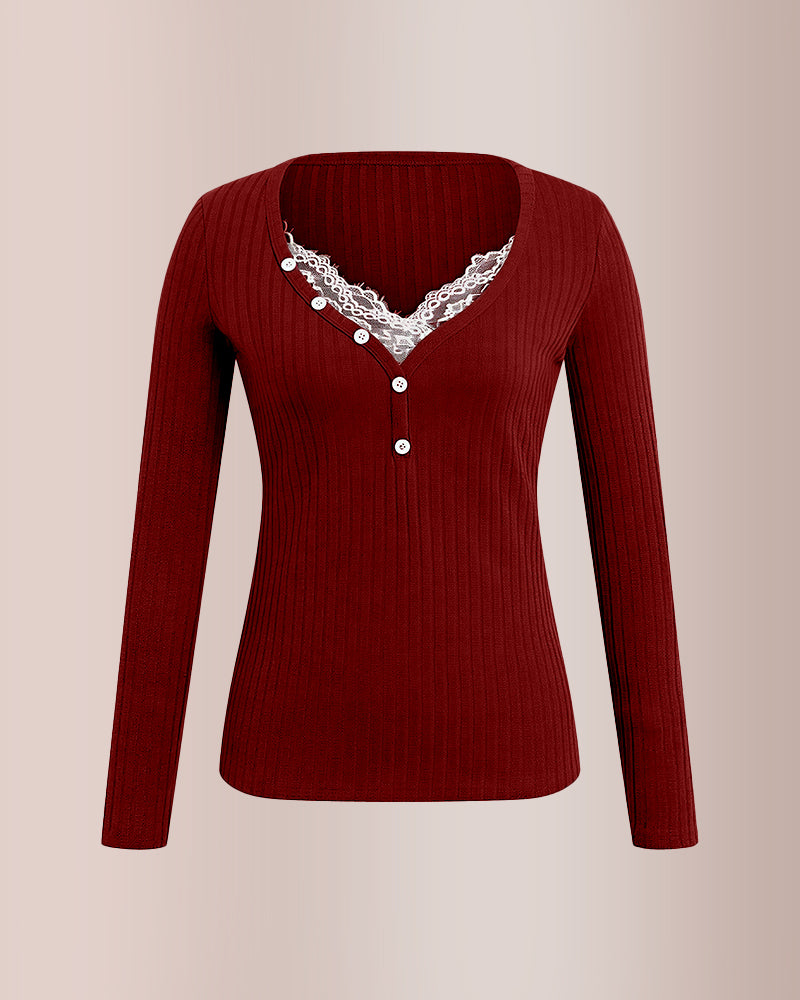 Willluxe® Contrast Lace Rib-Knit Button Up Long Sleeve T-Shirt