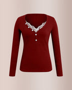 Willluxe® Contrast Lace Rib-Knit Button Up Long Sleeve T-Shirt