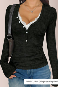 Willluxe® Contrast Lace Rib-Knit Button Up Long Sleeve T-Shirt