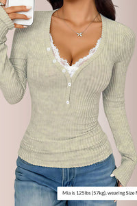 Willluxe® Contrast Lace Rib-Knit Button Up Long Sleeve T-Shirt