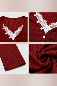 Willluxe® Contrast Lace Rib-Knit Button Up Long Sleeve T-Shirt