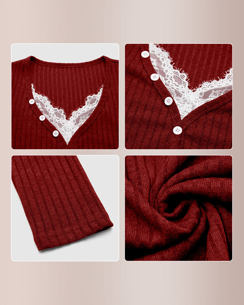 Willluxe® Contrast Lace Rib-Knit Button Up Long Sleeve T-Shirt