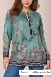 Willluxe® Floral Print Ring Zip Up Round Neck Long Sleeve T-Shirt