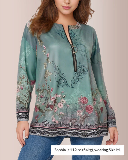 WILLLUXE® Floral Print Ring Zip Up Round Neck Long Sleeve T-Shirt