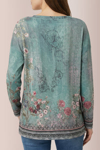 Willluxe® Floral Print Ring Zip Up Round Neck Long Sleeve T-Shirt