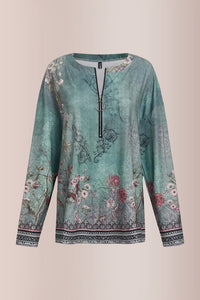 Willluxe® Floral Print Ring Zip Up Round Neck Long Sleeve T-Shirt
