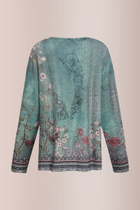 Willluxe® Floral Print Ring Zip Up Round Neck Long Sleeve T-Shirt