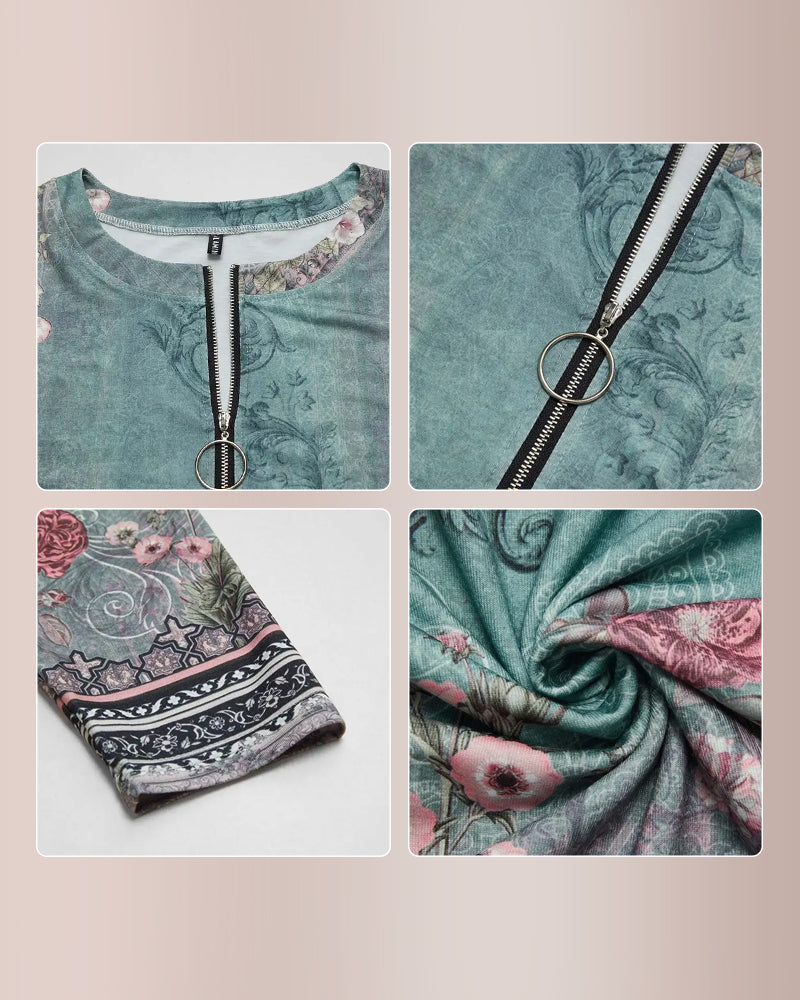 Willluxe® Floral Print Ring Zip Up Round Neck Long Sleeve T-Shirt