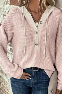 Willluxe® Waffle Knit Drawstring Button Front Contrast Binding Hoodie