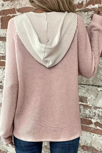 Willluxe® Waffle Knit Drawstring Button Front Contrast Binding Hoodie
